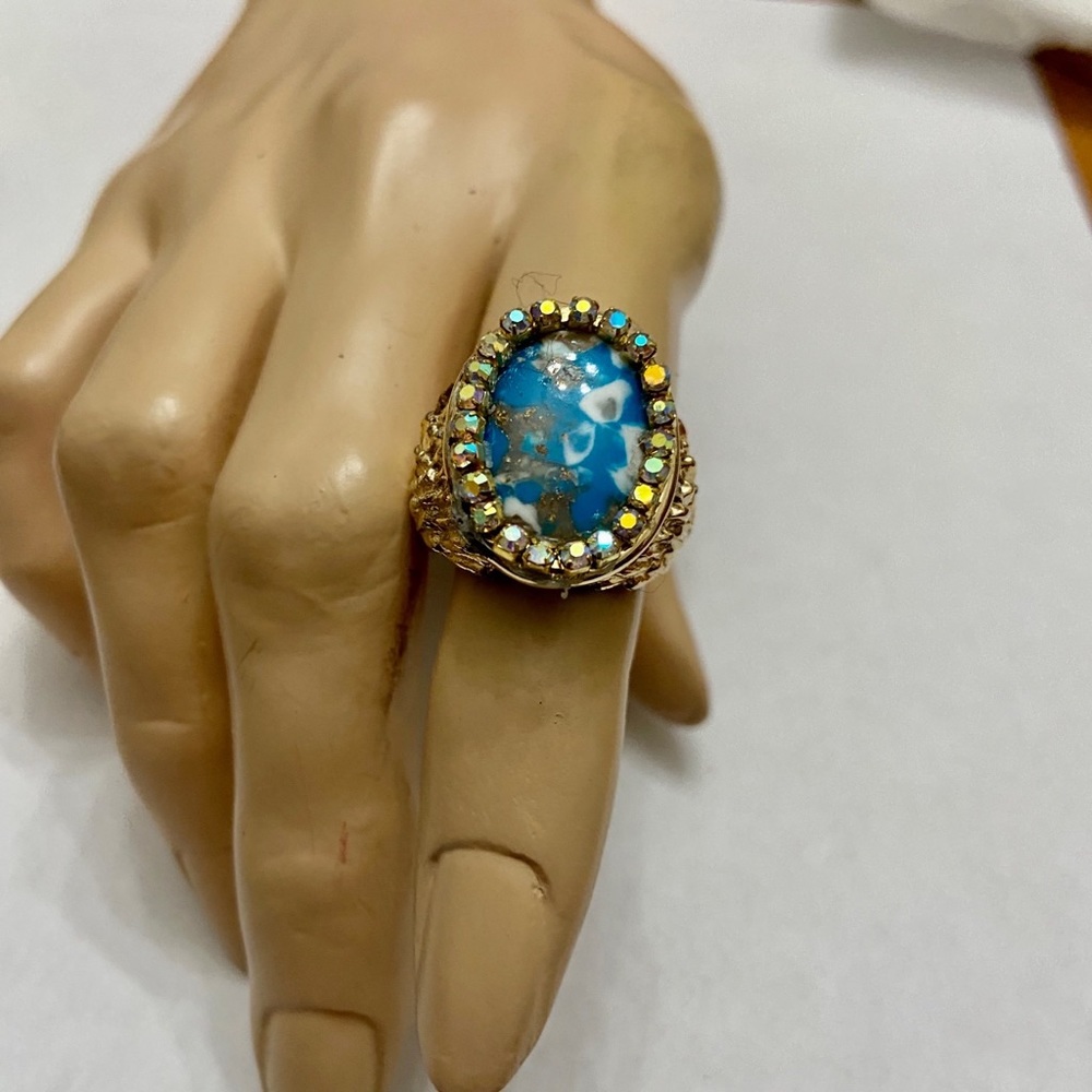 Vintage, Stamped Hobe Blue Agate Adjustable Ring with Rhinestones - Picture 3 of 13